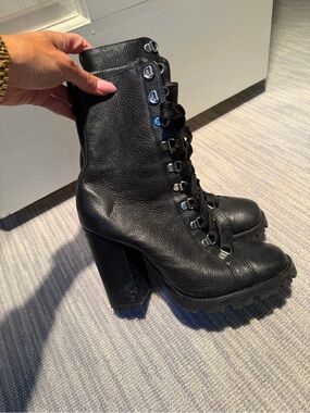 SCHUTZ Black Leather Lace-Up Chunky Heel Combat Boots